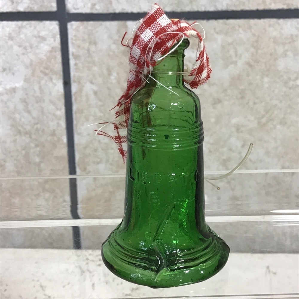 Liberty Bell Green Glass Bottle Crafted Into Christmas Ornament Vintage 1970s